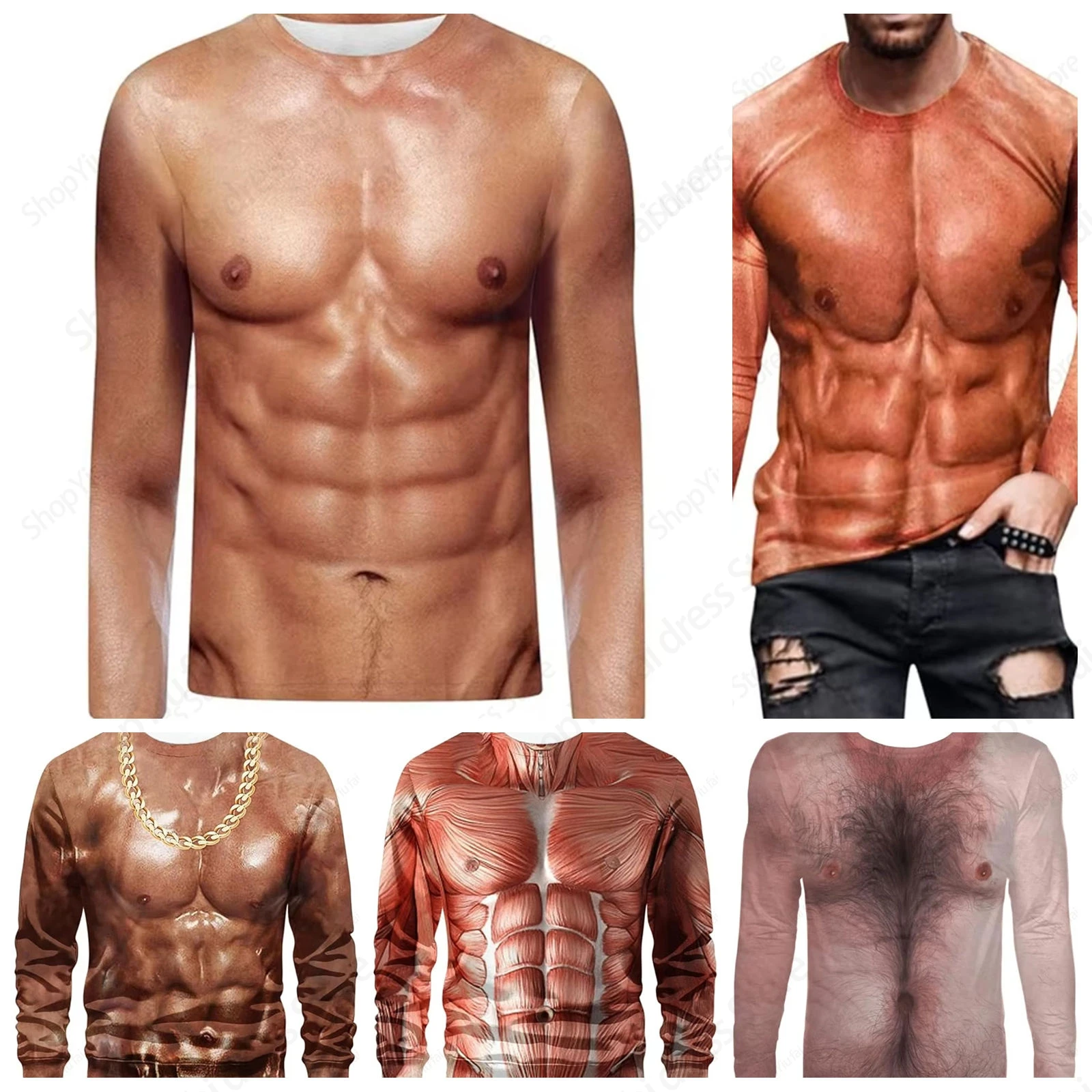 Crewneck Long Sleeve T-shirt 3D Funny Muscle Body Printed T-shirts Slim Oversized T shirt Men Tops Ugly Chest Hair Tops Tees New