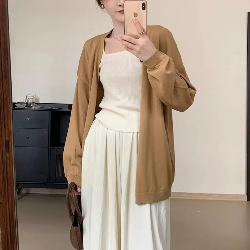 

Elegant One-Piece Knitted Cardigan for Women Lazy Style Slimming Top Coat Loose Fit for Spring And Autumn All-Matching Basic