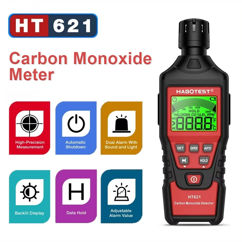 Detector de monóxido de carbono HT621, Sensor fotoeléctrico profesional de alta precisión, probador de Gas CO, alarma con pantalla LCD, 0 ~ 5000ppm, nuevo