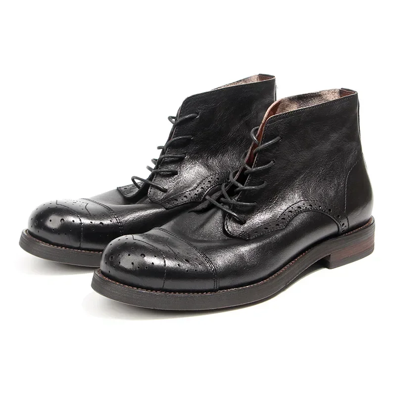 Luxury Brand Men's Genuine Leather Ankle Boots Autumn Winter Lace Up Office Formal Basic Boots Men Brogue High Top Shoes