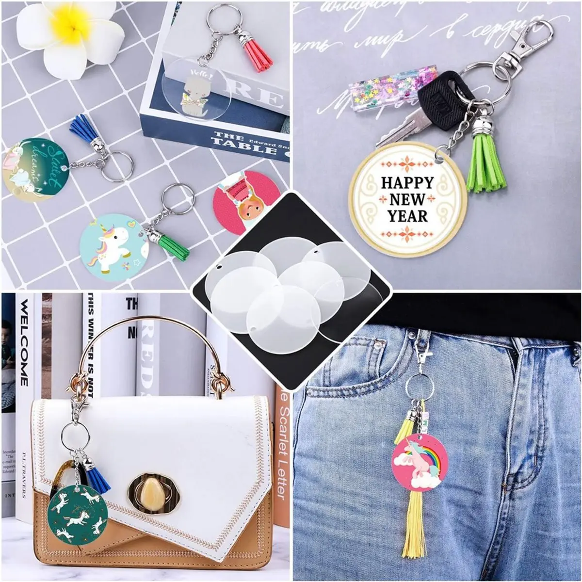 A1973P ~Acrylic Keychain Blanks Kit-Including Clear Acrylic Blanks,Keychain Tassels,Key Rings,Jump Rings for DIY Key