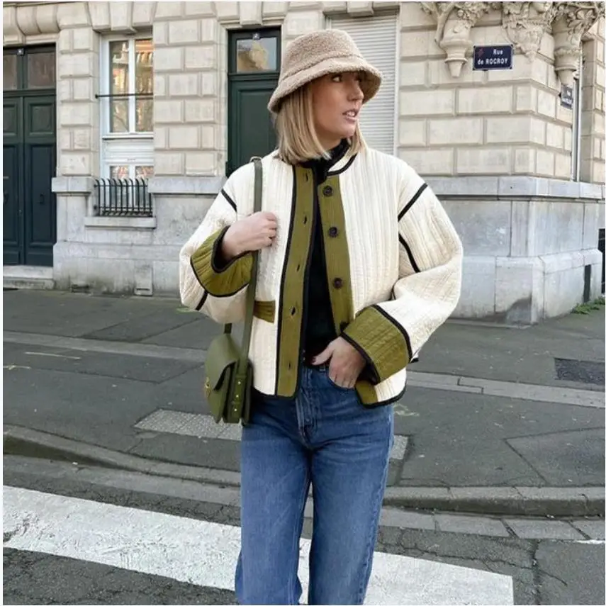 Damska elegancka kurtka z bawełny z kontrastowymi wstawkami, stójką, zapinana na jeden guzik, z kieszeniami, płaszcz na jesień i zimę, stylowa odzież wierzchnia.