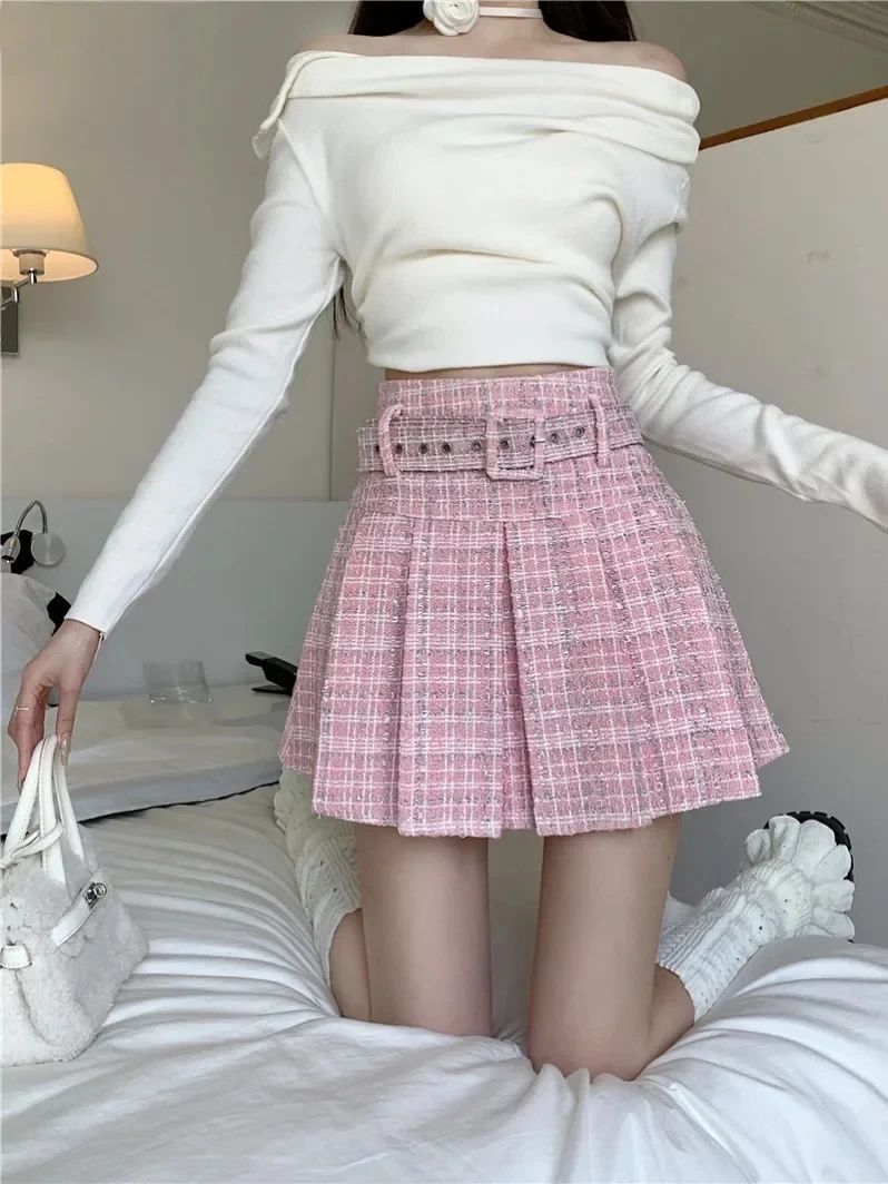 Small Fragrance Tweed Mini Skirt High Waist Belt Solid A Line Pleated Skirts Korean Chic Design Hip Women Clothing