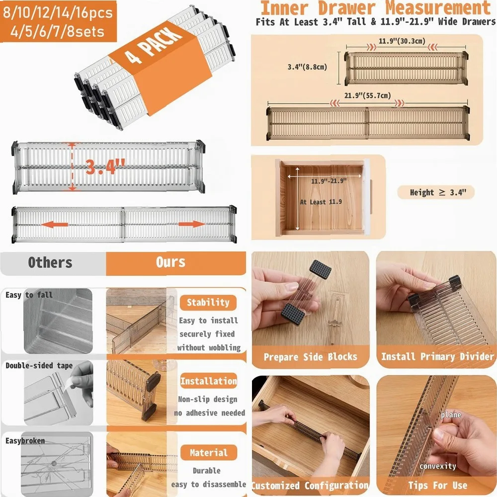 

8/10/12/14/16pcs, 4/5/6/7/8sets, Adjustable Plastic Drawer Dividers - Transparent Grid Design For Easy Storage And Organization