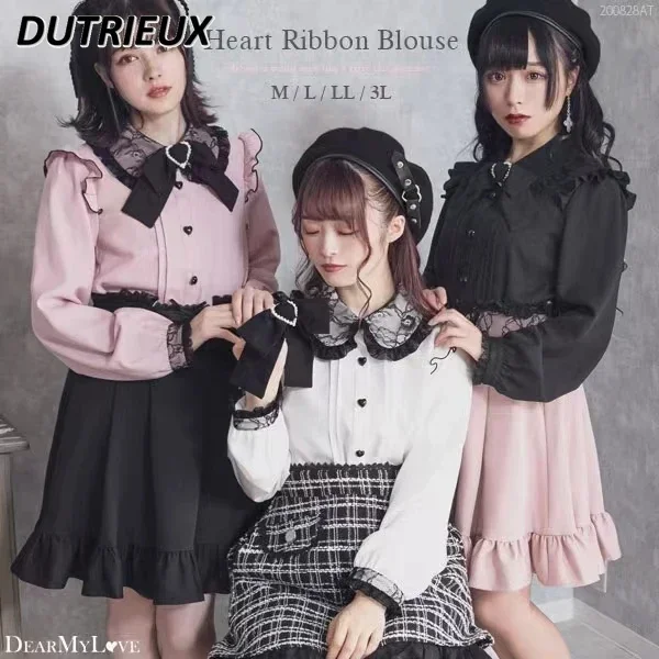 Japanese Style Rojita Lace Bow Puff Sleeve Shirts Women's Blouse Sweet Lace Lapel Button Up Shirt Top 2023 Spring/Summer Camisas