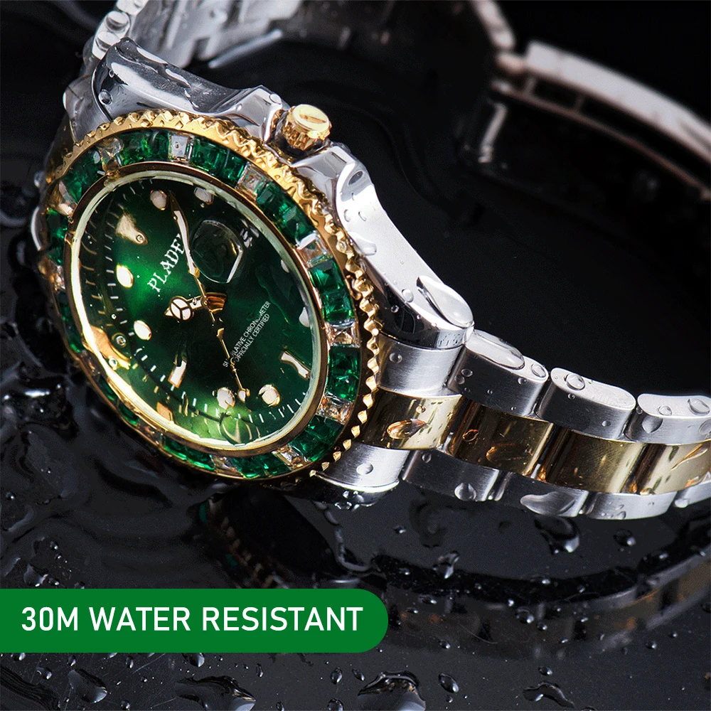 PLADEN Luxury Green Watch For Mens Automatic Date Stainless Steel Clock Fashion Diamond Waterproof Quartz Wrist Watch Man 2023