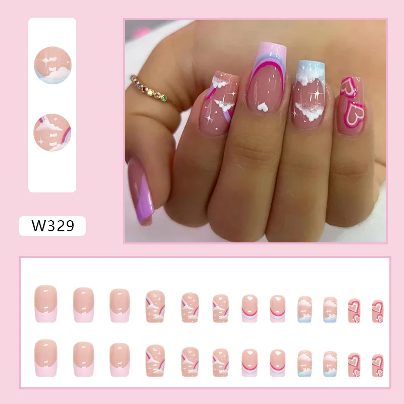 24szt Wearable Press on Nail Art Full Coverage Faux False Nail with Tools French Cloud False Nails Colorful Heart Cute Square