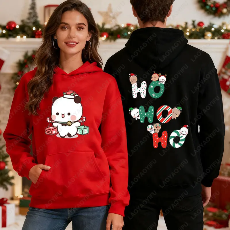 

Merry Christmas HO HO HO Bubududu Graphic Hoodie Panda Bear Bubu and Dudu Couples Sweatshirt Unisex Cartoon Hoody Couples Gift