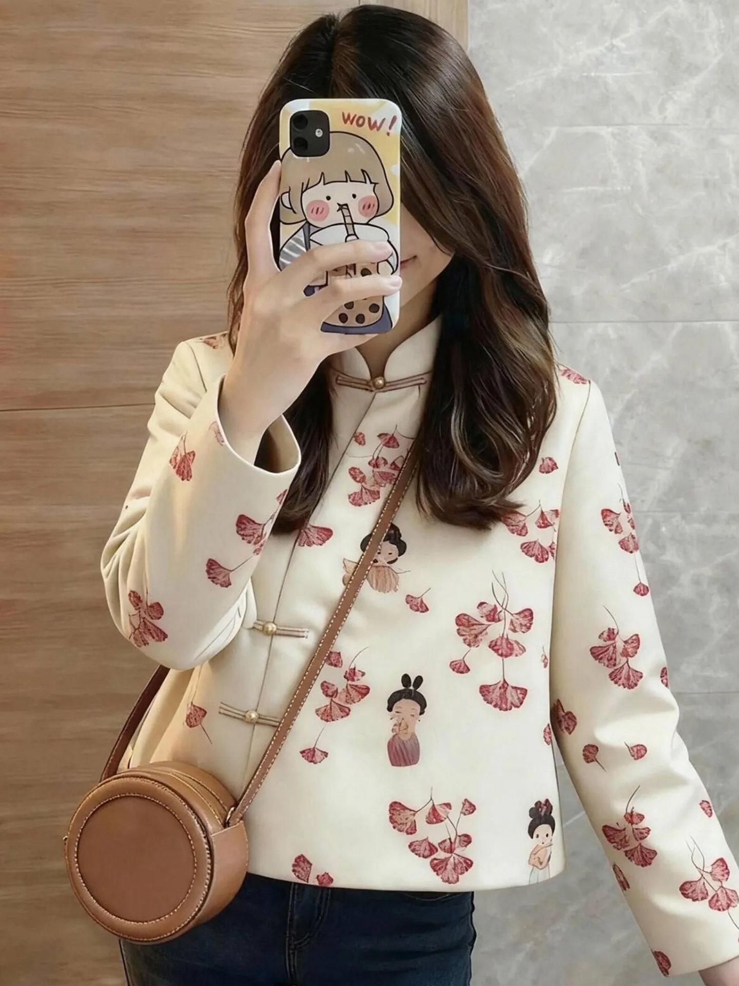 

Elegant Chinese Style Printed Long Sleeve Women's Top Stand Collar Button Design Ageless Luxury Winter Fashion Commute Wear
