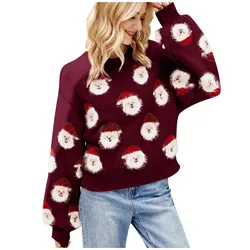 Womens Knitted Long Sleeve Sweater Vantage New Year Tops Female Pullover Ugly Knitted Christmas Santa Claus Sweater