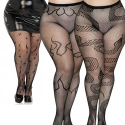 Plus Size 90-140kg Women's High Waist Sexy Fishnet Black Tight Exotic Fishnet Pantyhose Flame Halloween Patterned Nylons Stockin