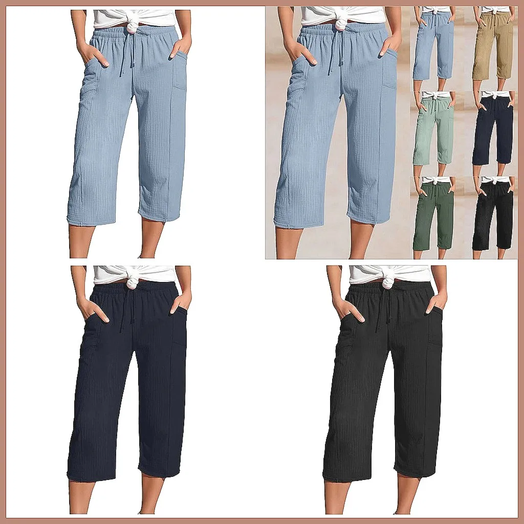 

Women's 3/4 Linen Capri Pants, Lightweight Loose-Fit Casual Trousers with Pockets