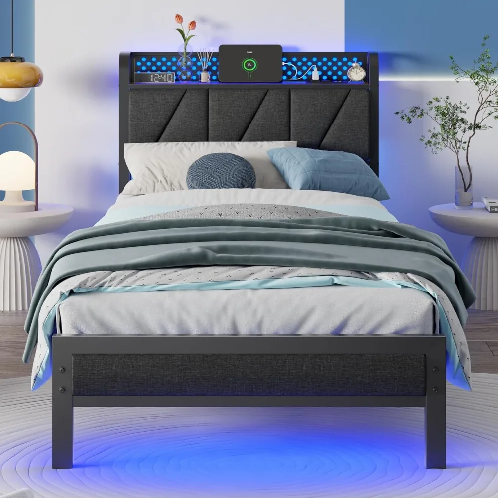 

Twin Size Bed Frame with LED Light and Charging Station, Grey Upholstered Storage Headboard with Shelf, Metal Platform