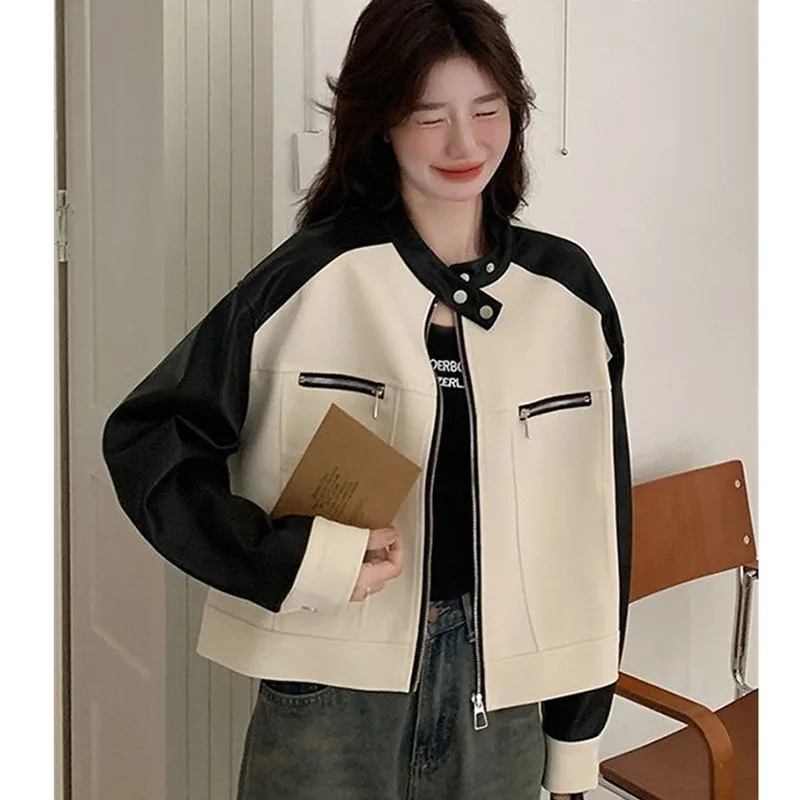 ربيع الخريف السيدات المرقعة بولي معطف معطف جلد ريترو المرأة موضة فو الجلود أبلى 2025 فام الترفيه المرقعة القمم سترة