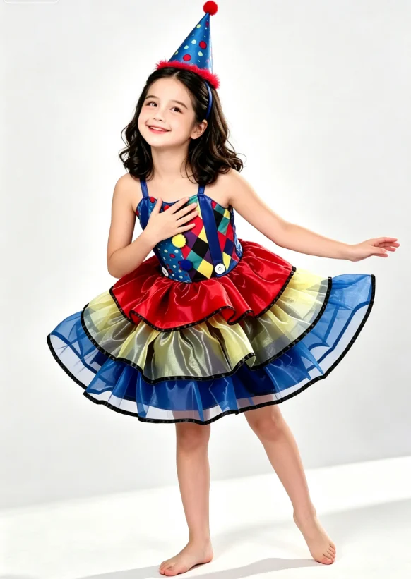 Girls Colorful Clown Tutu Dress Costume with Polka Dot Party Hat