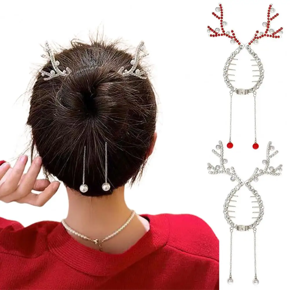 Easy-to-use Hair Clip Festive Christmas Reindeer Hair Accessories Set with Rhinestones Pearls Ponytail Bun Holder for Holiday