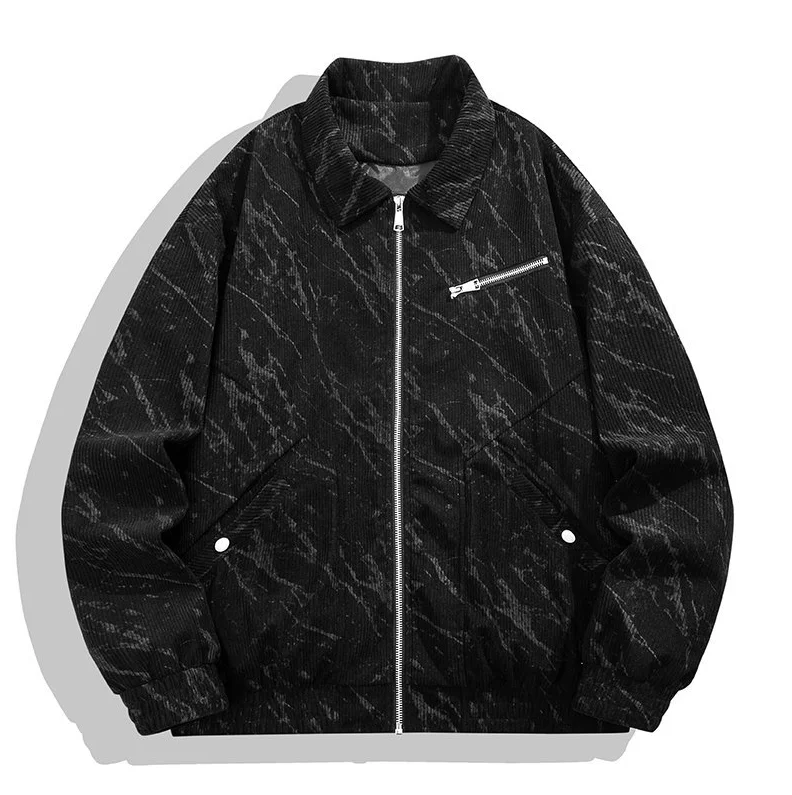 Men Dark Green Marble Print Corduroy Lapel Bomber Jacket Full Zip Windproof Multi Pocket Casual Street Coat Spring Autumn
