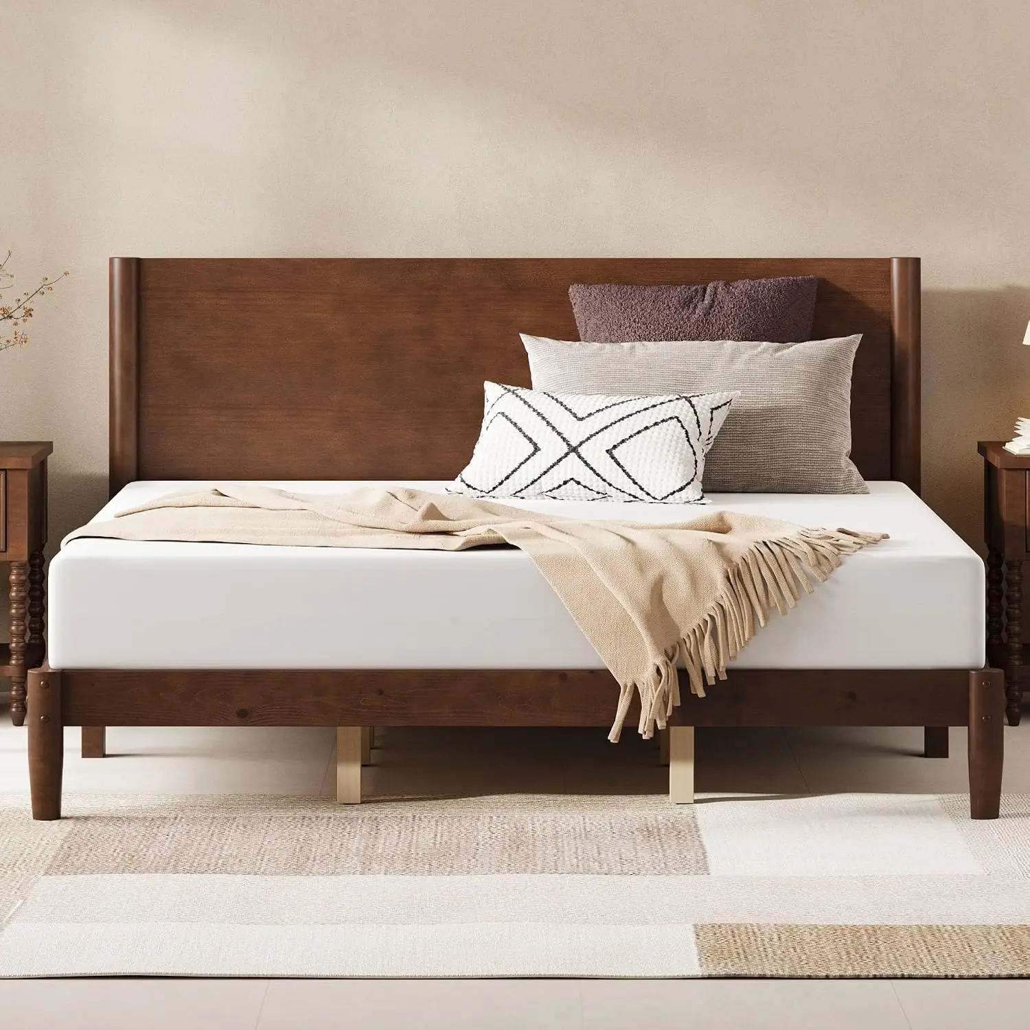 Solid Wood King Bed Frame, Mid Century Bed with Headboard, Walnut | Platform Bed with Full Panel Headboard,, Customized