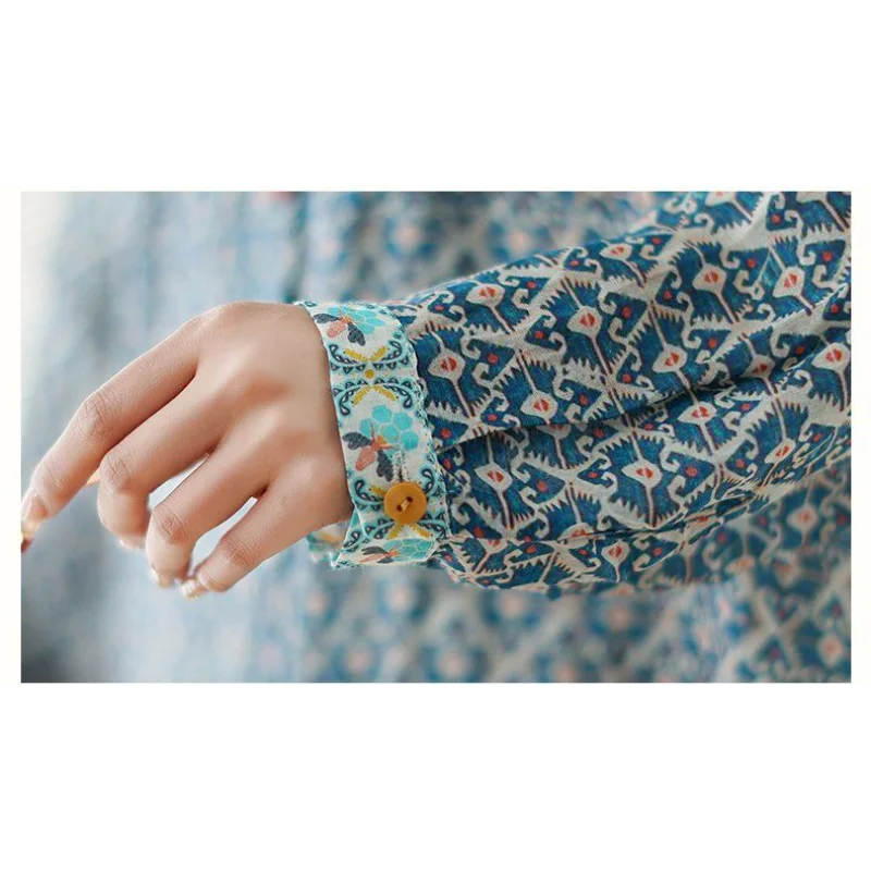 Retro Women's New Stitched POLO Collar Button Print Fashion Loose Versatile Casual Long Sleeve Shirts