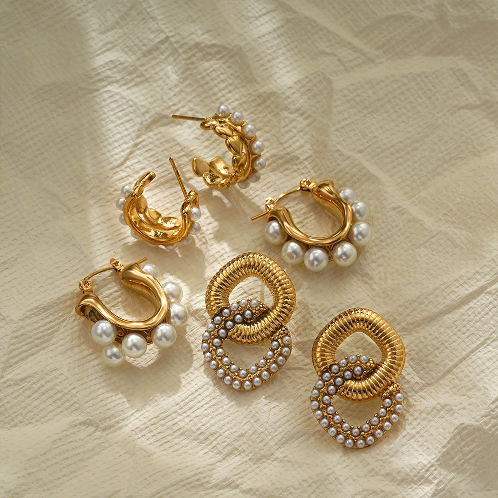 Vintage Stainless Steel Pearl Double Round Earrings for Women Fashion Golden Color Chunky Hoop Earring Statement Jewelry Gifts