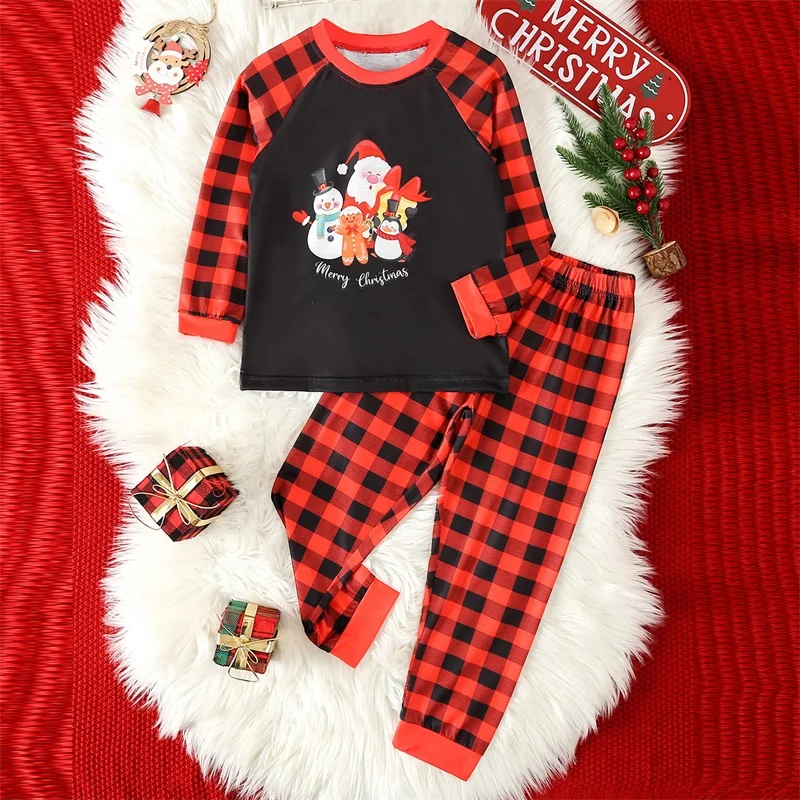 

Children s Holiday Pajama Set Festive Santa Claus and Christmas Tree Print Top with Matching Plaid and Elk Print Bottoms for