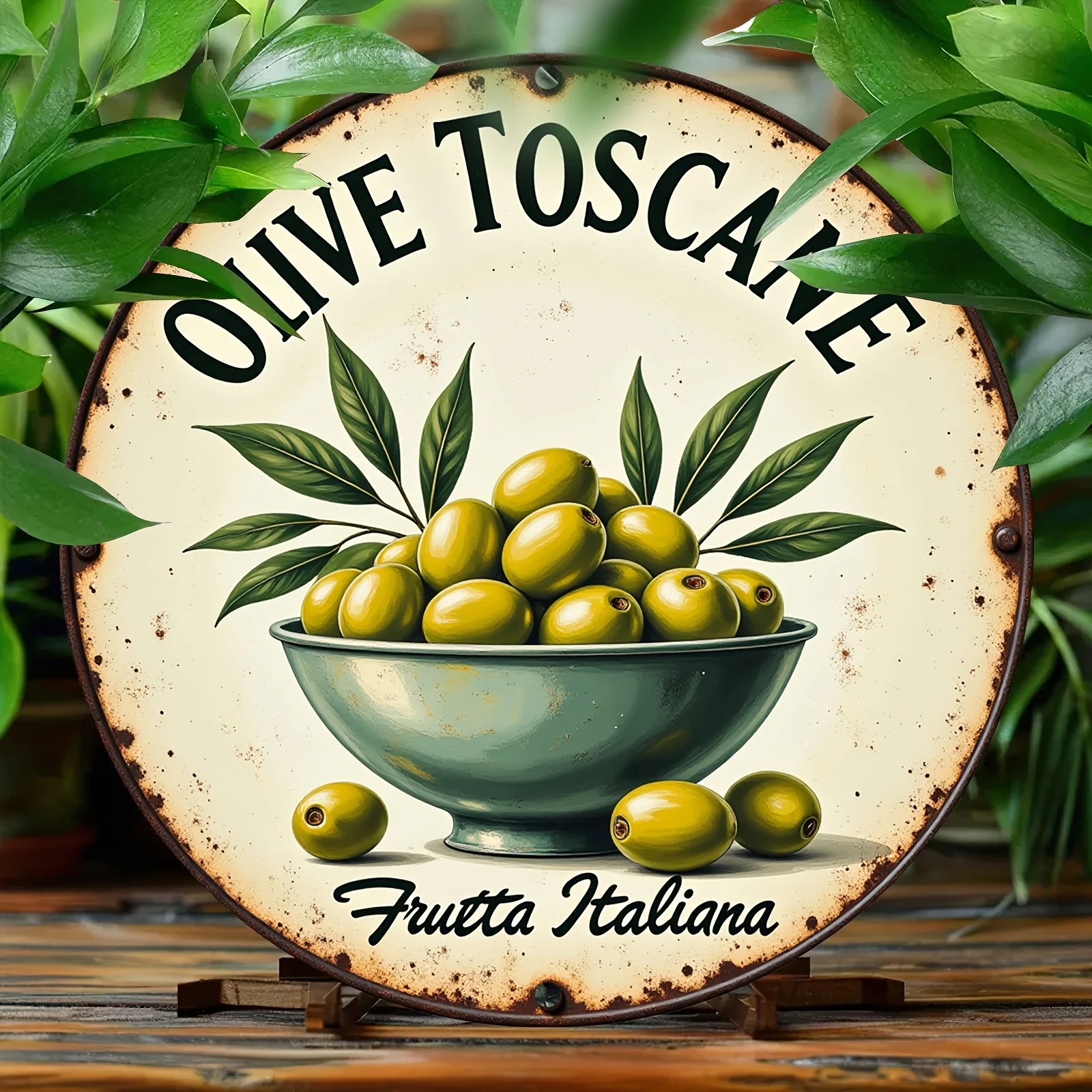 [Plano 2D] 1 Pieza de Arte de Pared de Aluminio Vintage de 8x8 Pulgadas con Diseño de Oliva de Toscana - Letrero Redondo Rústico de Metal con Diseño de Cuenco de Oliva Verde, Resistente a Arañazos