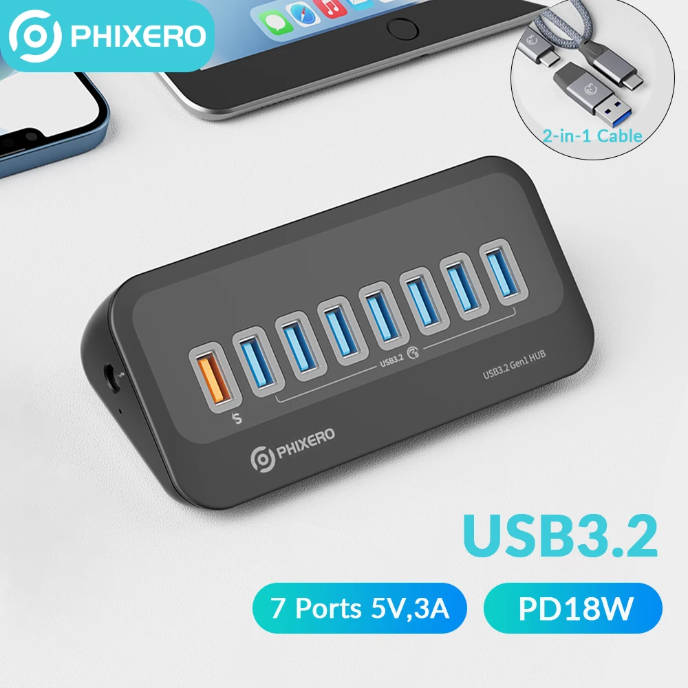 PHIXERO USB Splitter USB 3.2 Hub 5Gbps Type C Adapter Multi Ports USB 3.0 Docking Station Hub for Surface Macbook Laptop PC Hub