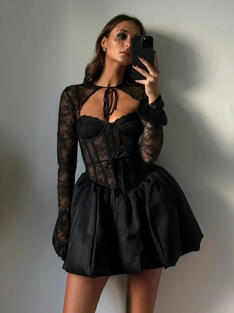 TARUXY Sexy Lace Bandage Mini Dress Women's Fashion See Through A-line Dress Fishbone Splice Long Sleeve Black Gown Dresses Lady