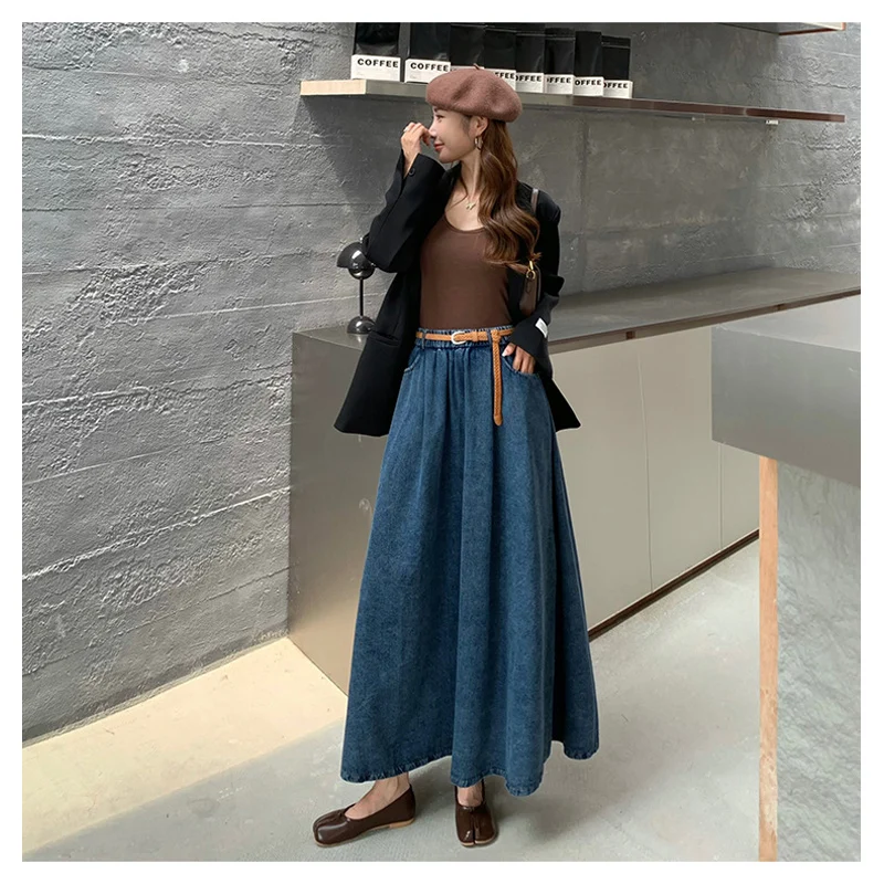 TFETTERS Elegante vrouwen gewassen denim rok 2025, lente herfst, rekbare elastische taille, A-lijn uitlopende maxirok voor dagelijks gebruik