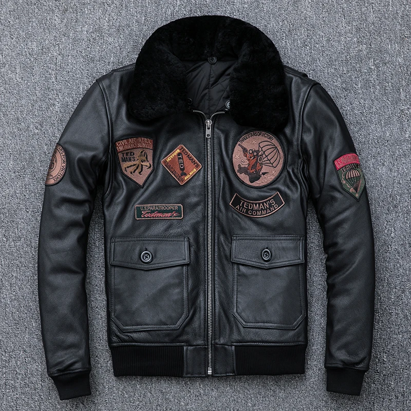 

New Flight Suit Jacket Head Layer Cowhide Leather men's Sheep Fur Collar Thickened With Cotton Coat