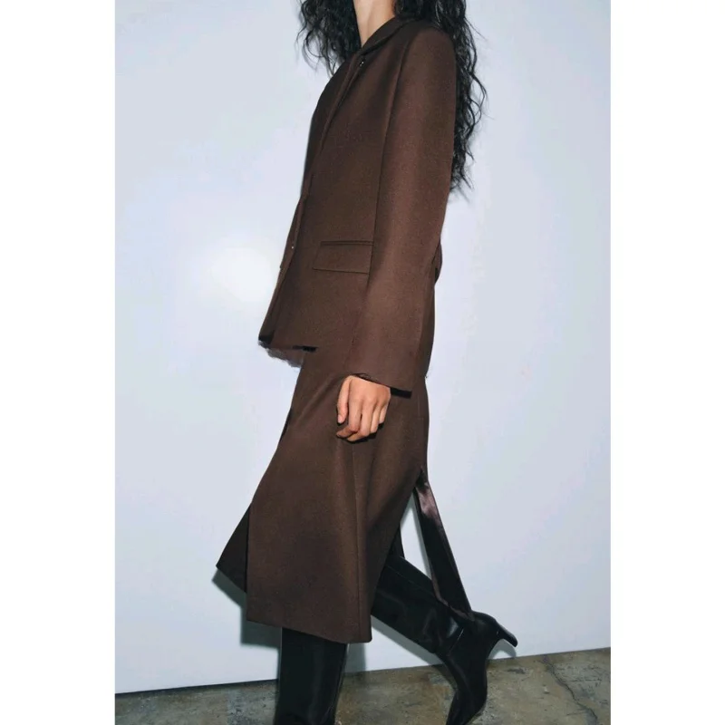 High Collar Long Sve ket Decorated Suit Jaet mid Waist Slit Design Wide Pleated Skirt Faionable Two-Piece Set for W...