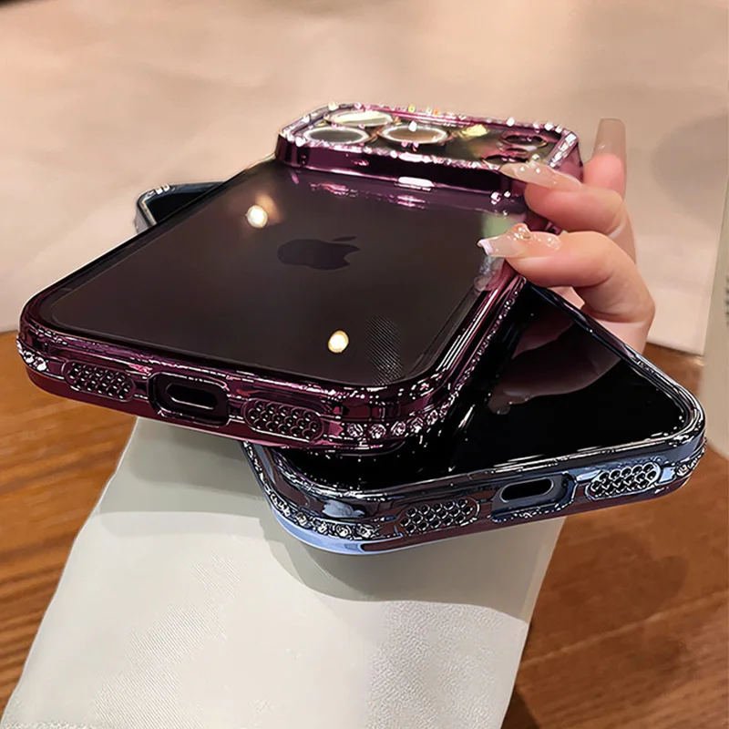 Luxuriöse Bling-Kristall-Linsenschutzfolie Handyhülle für iPhone 11 12 13 14 15 16 17 18 Pro Max Plus Air Stoßfeste Silikon-Bumper-Hülle – Detail 3