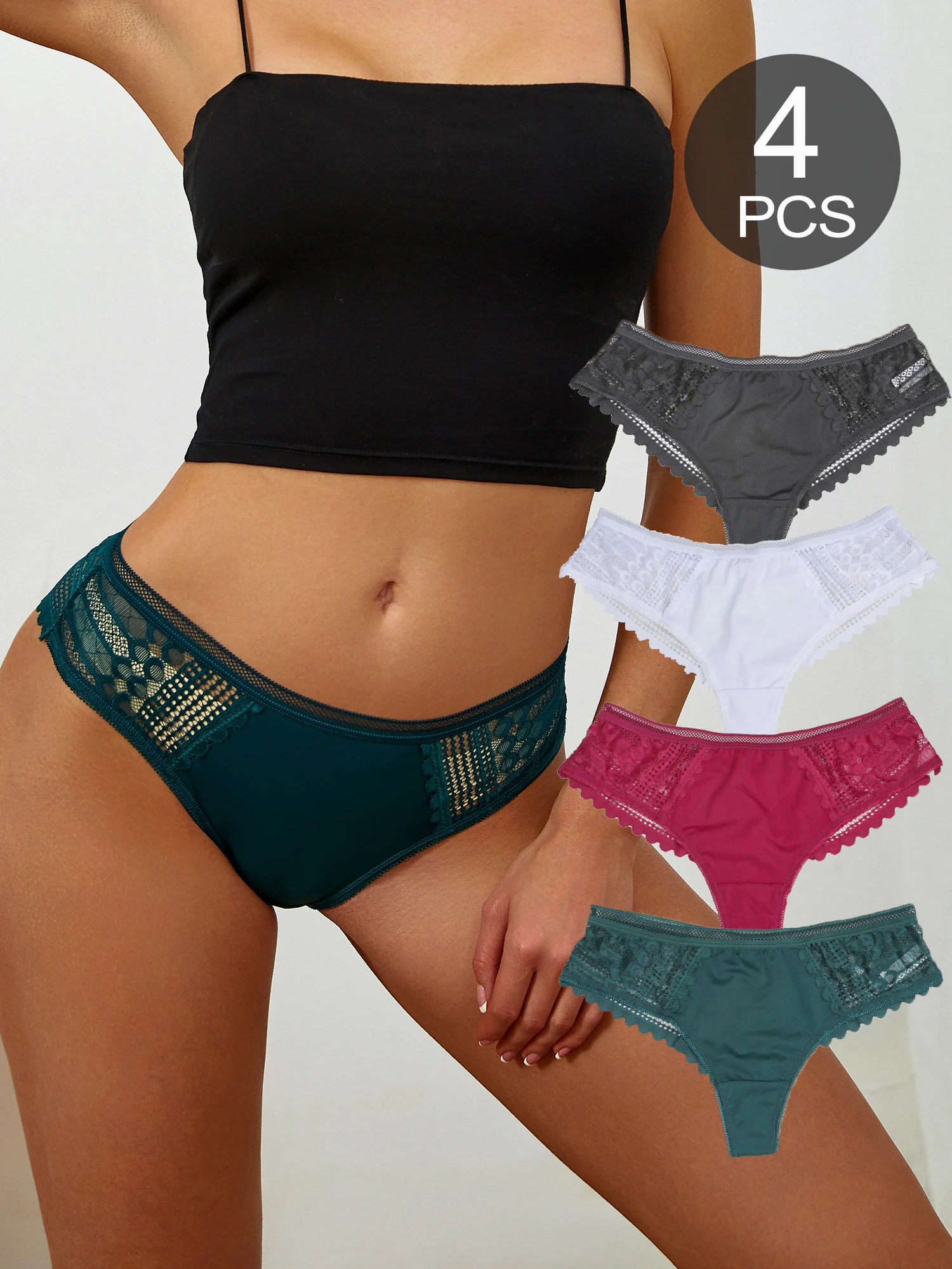 4 PCS Women Sexy Lace Panties Low Rise Cheeky Bikini Back Half Cover Thongs Cute Girls Ice Silk Underwear Lingeries