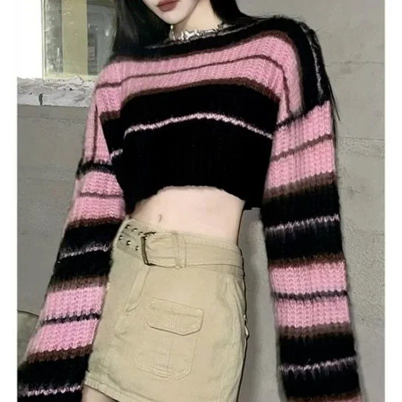 Y2K Korean Style Pink Cropped Sweater Women Striped Jumper Vintage Female Autumn Long Sleeve Crewneck Pullovers Casual Tops