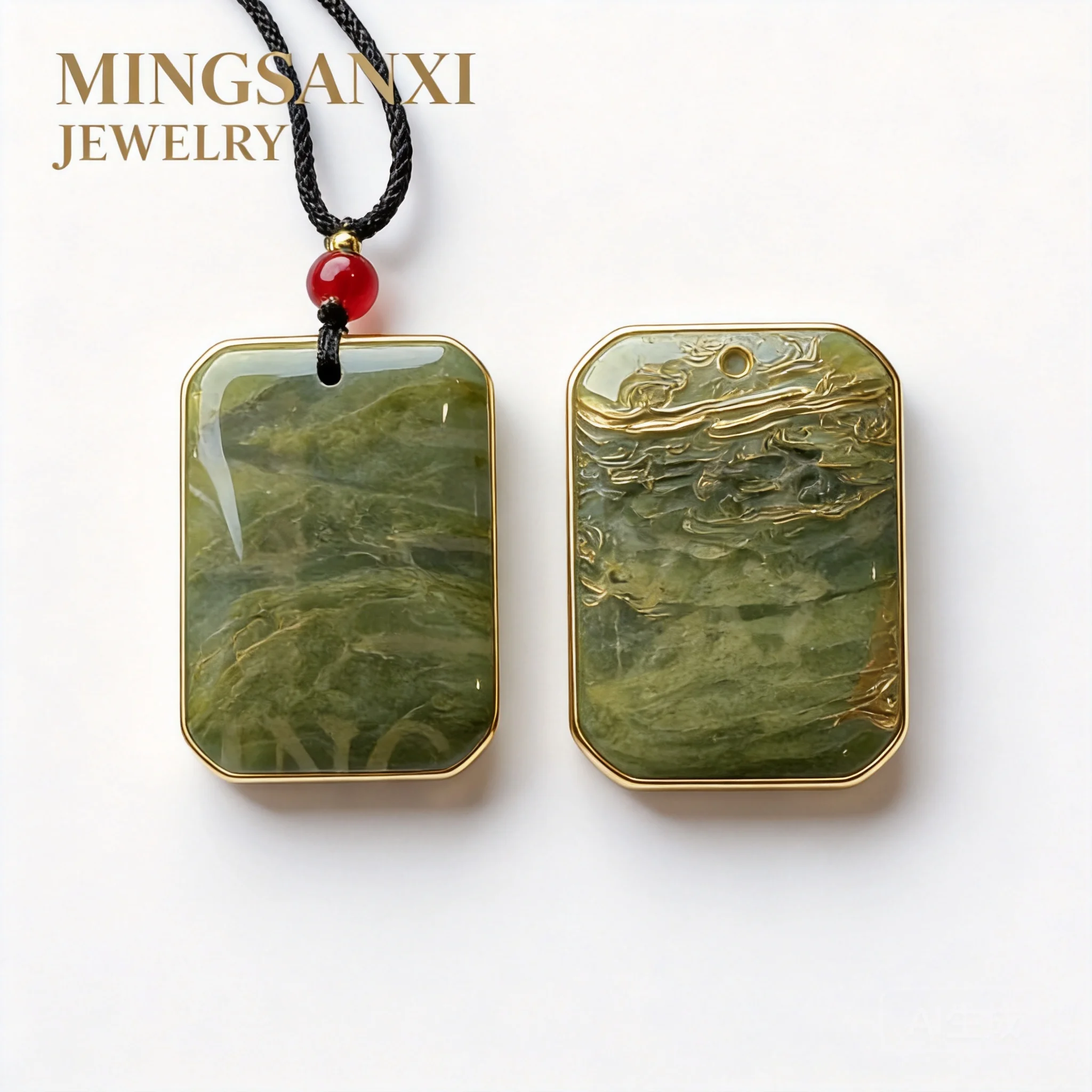 Chinese Style Natural Green Tianshan Cui Jade Peace Wushi Tag Pendant Lucky Fortune Blessing Wealth Attracting Amulet Necklace