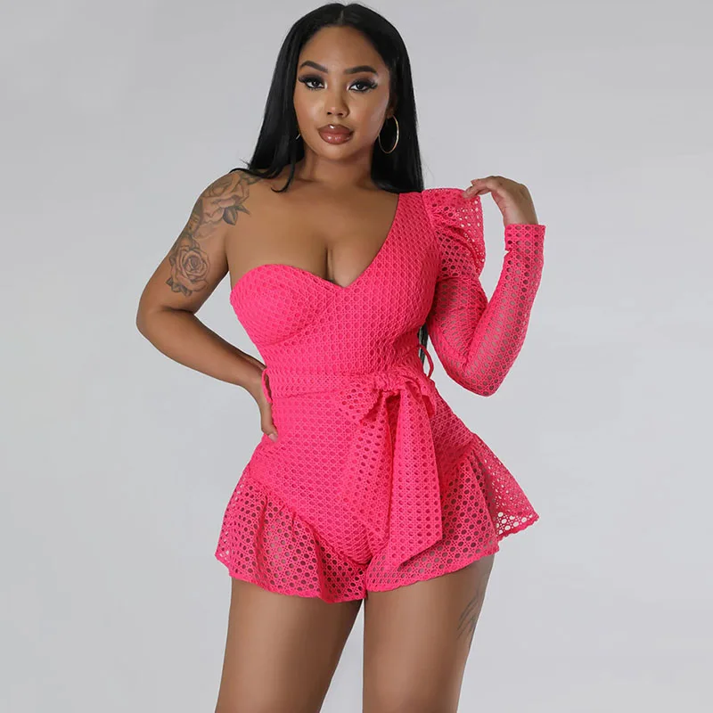 

Elegant One Shoulder Playsuit Romper Women Long Sleeve Irregular Patchwork Club Party Bodycon Overalls Jumpsuit Shorts with Belt