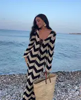 DSMTRC-Vestido largo de punto para mujer, prenda ajustada de manga larga con rayas, cuello en V, con cordones, Sexy, para playa, otoño