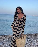DSMTRC Women's  Stripled Long Sleeve Slim Elegant Knitted Maxi Dress V Neck Autumn New Lace Up Hollow Sexy Beach Cover Up Dress