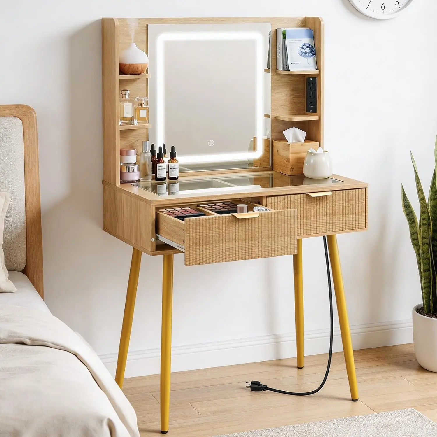 

3-Color Lighted Vanity Desk Glass Top 2 Drawers Shelves Outlet Small Bedroom Oak, Customized