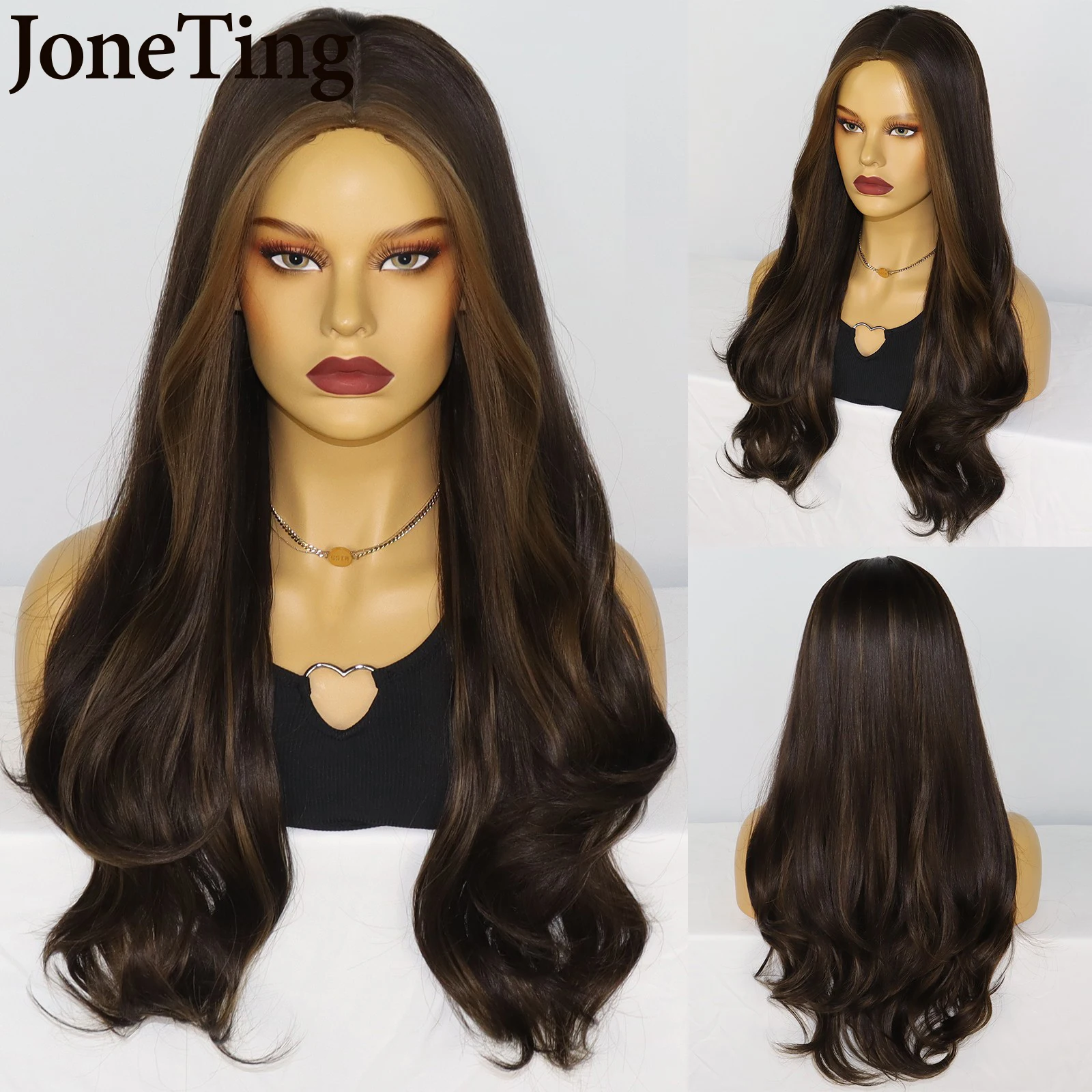 

JT 26INCH Brown Wave Black White Women Synthetic Wig Long Medium Part Highlighting Daily Heat Resistant Fiber Hair Cosplay Wigs