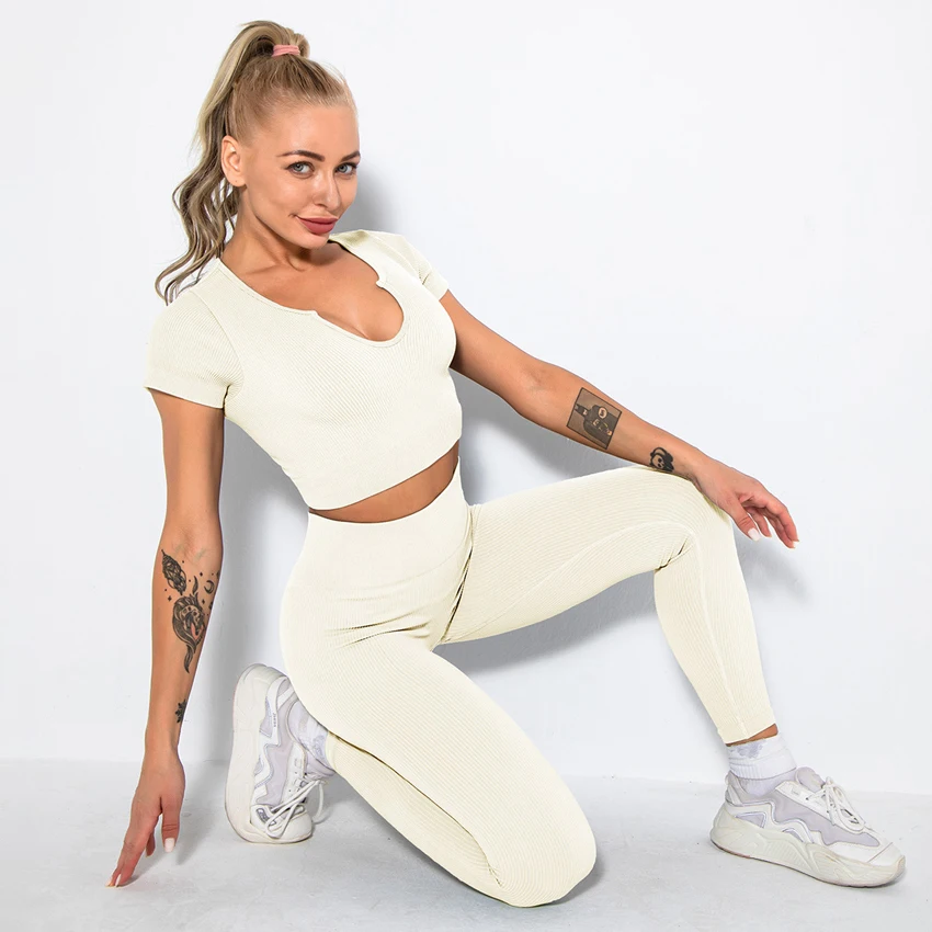 Quality Ribbed Yoga Set Sportswear Women Suit For Fitness Tracksuit Seamless Sports Suit Long Sleeve Sports Gym Workout Clothes