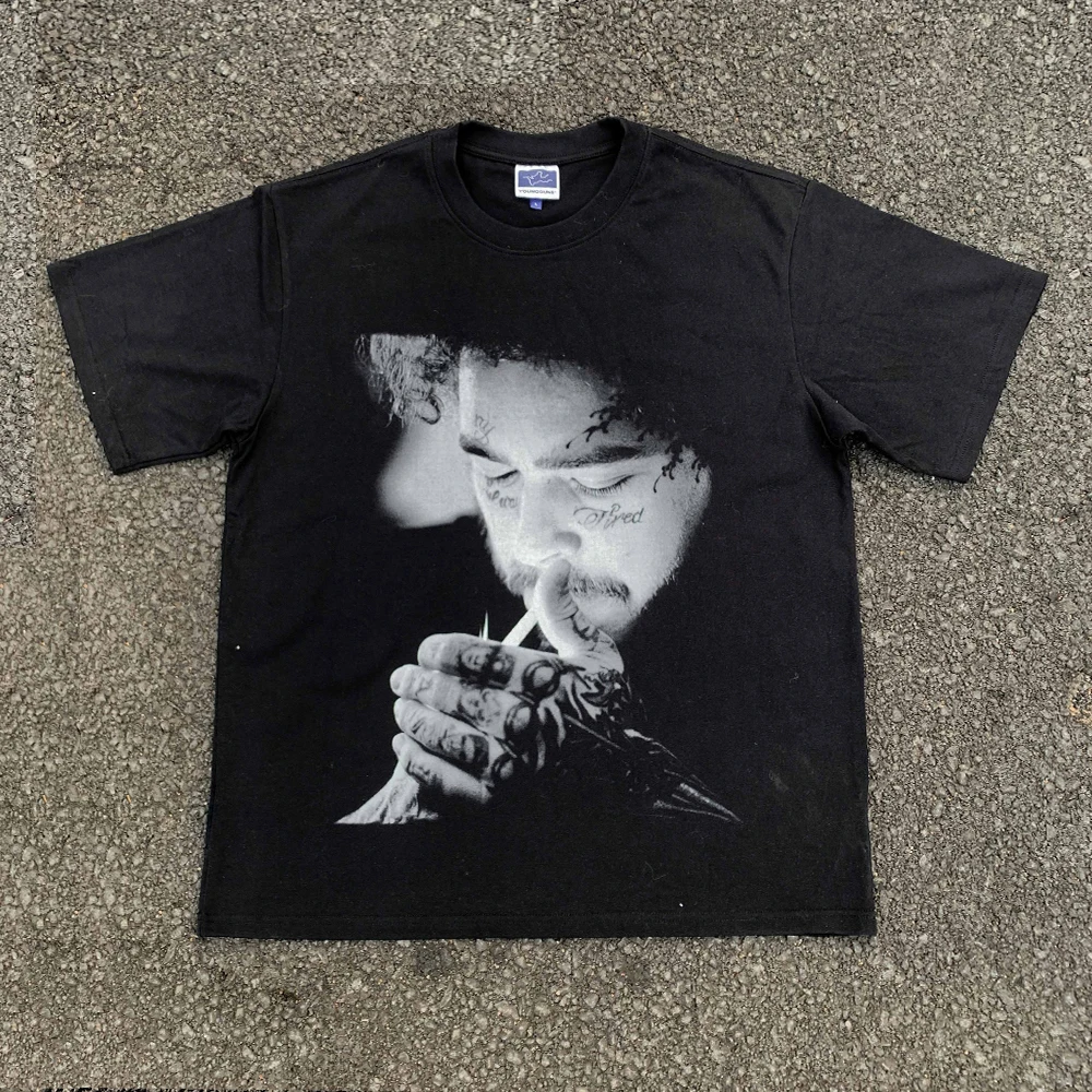 

American Retro Hiphop ort Sve T-irt Loose Versatile Lightweight Summer round Ne Youth Trendy oulder Drop Cuff for Men