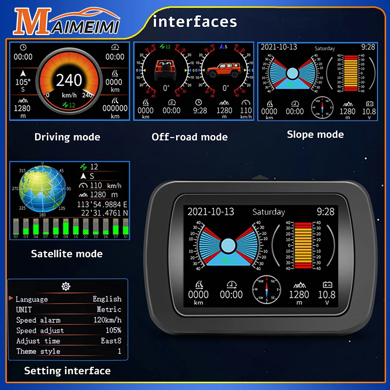 A65 Head Up Display GPS Off-road Multi-function OBD HUD Satellite Signal Digital Display Meter Compass Inclinometer Speedometer