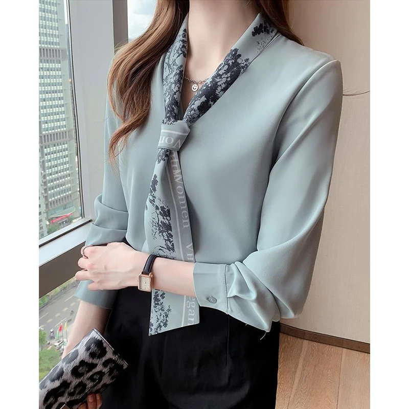 Spring Autumn Korean Fashion Scarf Collar Elegant Shirt Office Lady Long Sleeve Temperament Bottoming Blouse Women Cardigan Top