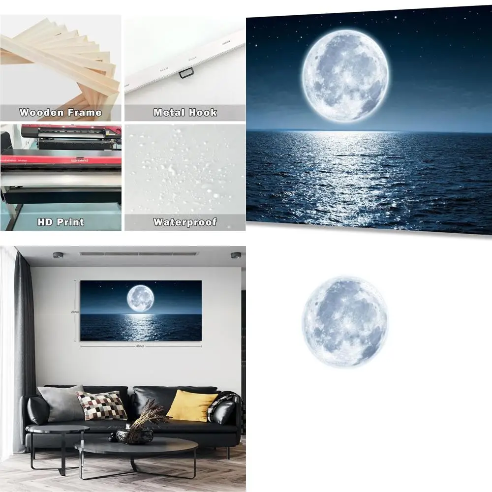 

Moonlit Sea Landscape Wall Art Canvas, 20x40 inches, Framed and Ready to Hang for Home Decor