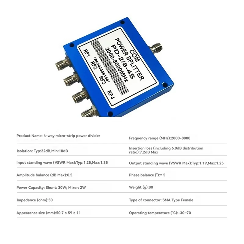 

-A20Z 2000-8000Mhz Power Splitter 2-8GHZ Power Splitter High Performance 4-Way Microstrip RF Power Splitter With SMA Female