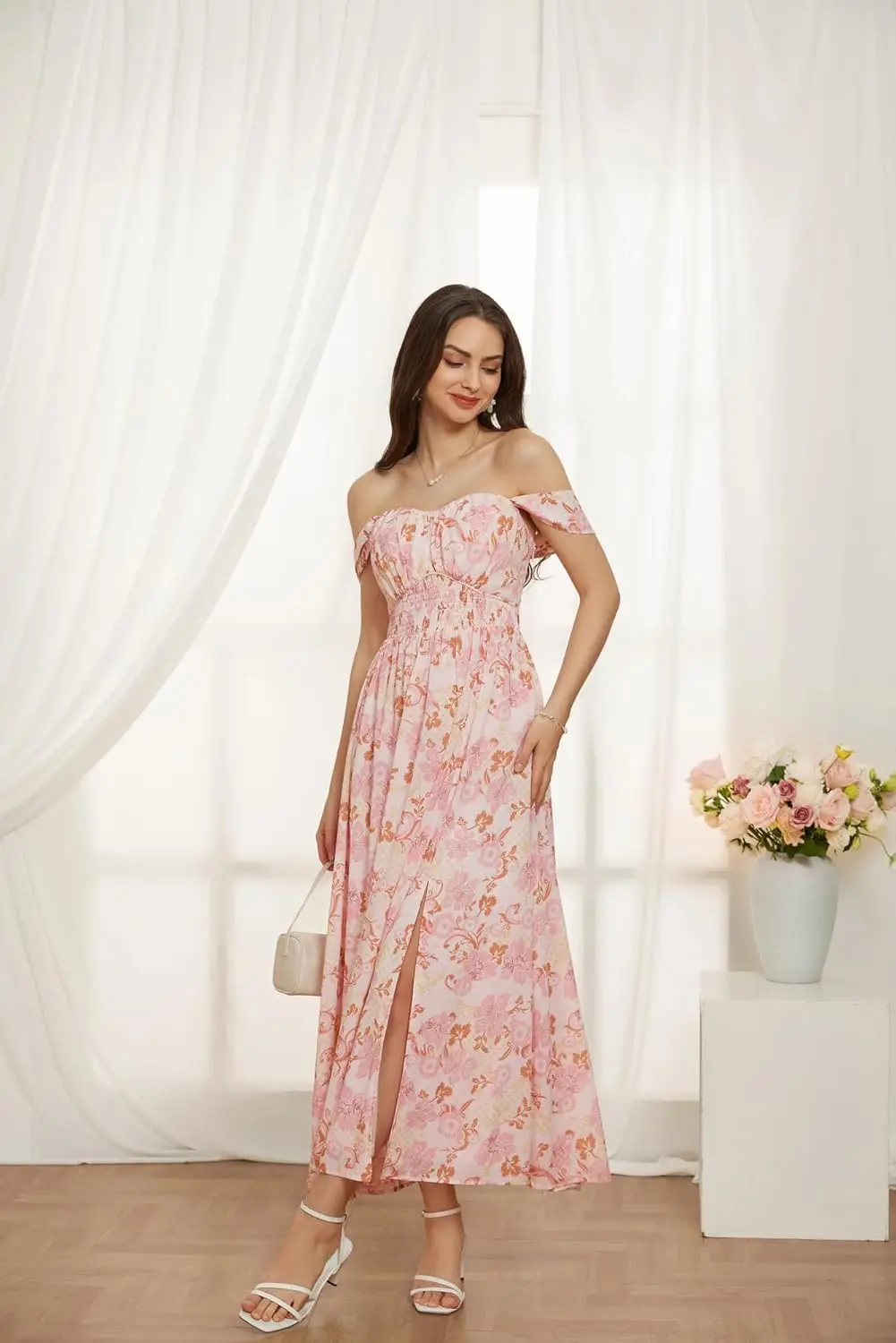2025 Abito estivo da donna con stampa floreale fluida A Line maxi abito senza maniche con spalle scoperte