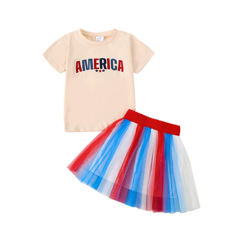 

Kids Girls Summer Outfit Short Sleeve Crew Neck Letters Print T-shirt with Contrast Color Tulle Skirt 4th of July Clothing