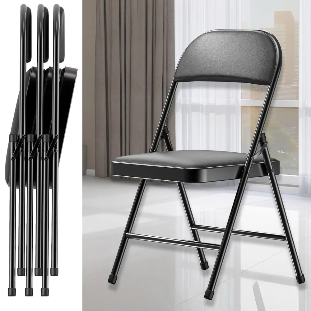 

Набор из 4 черных складных стульев с мягкими сиденьями и спинками, комфортная искусственная кожа, прочная стальная рама, на заказ