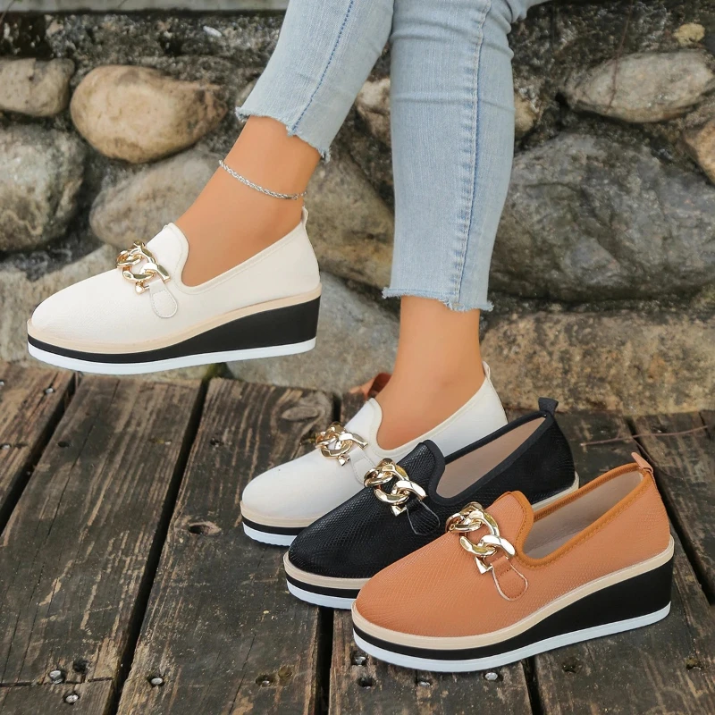 

2026 Fashionable New Round Toe Sloping Heel Anti Slip Casual Sports Shoes for Spring Comfortable Work Shoes Loafers for Women